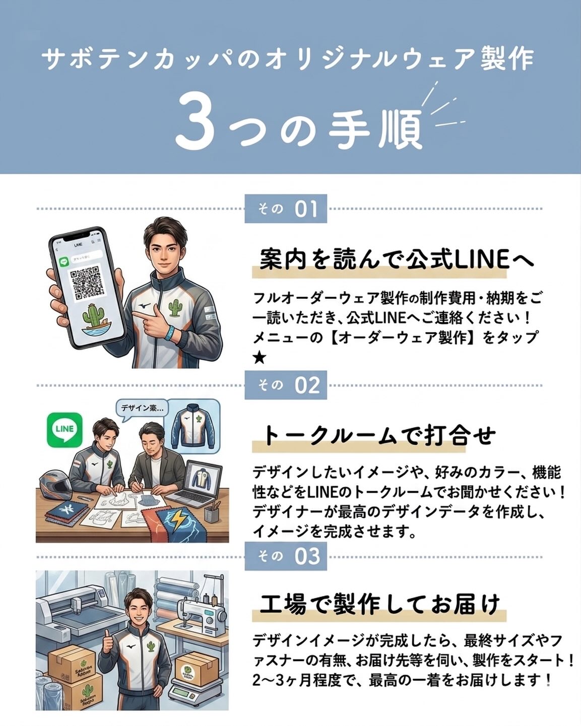 ボートレーサーの皆さんへ🌵

斡旋が続く 忙しい選手のみなさまに寄り添います！スピード感をもった打合せで、時間のない選手の皆さんのサポートをします！

ご依頼は、たったの3ステップ‼️

1️⃣公式LINEへ
メニューの【オーダーウェア製作】から詳細をチェック！

2️⃣LINEで打合せ
理想のイメージを教えてください。デザイナーが形にします。

3️⃣製作・お届け
サイズや仕様を決めたら、あとは届くのを待つだけ！（納期：約2〜3ヶ月）

まずはご相談からお気軽にどうぞ！
お問い合わせはプロフィールのリンクから公式LINEへ。

#サボテンカッパ #ボートレーサー #競艇 #オリジナルウェア #オーダーメイド